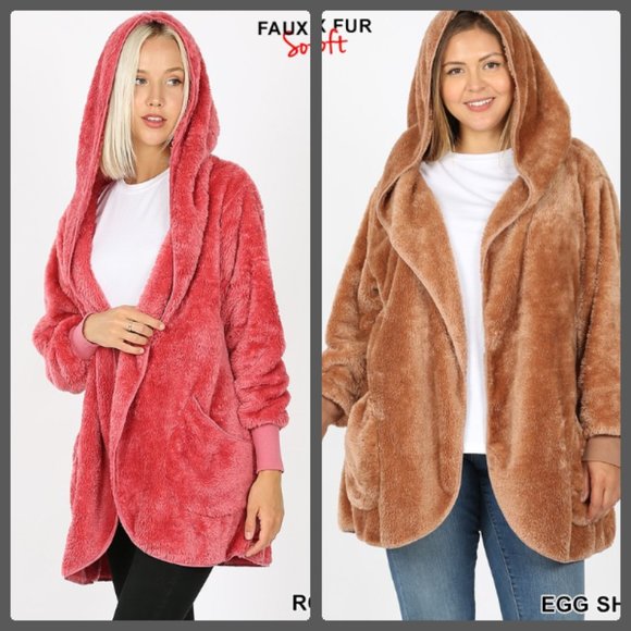 NEW  PINK SHERPA FAUX FUR HOOD TEDDY BEAR JACKET - Picture 1 of 3